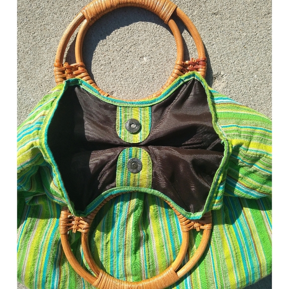 EUC, Colorful stripe bag with wicker handle, green, aqua, brown - Picture 4 of 5